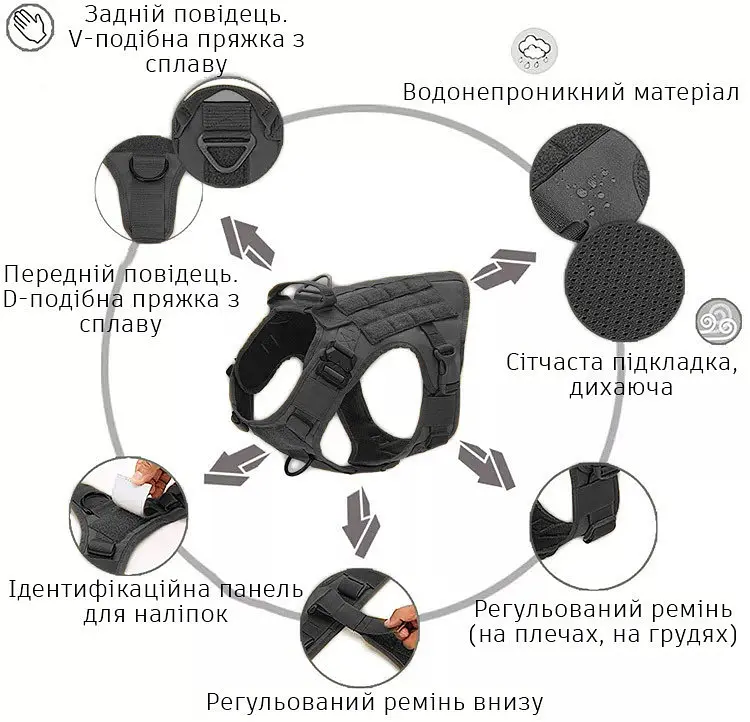 Шлейка для собак Harness K9 Long, металева пряжка фастекс і система MOLLE, Чорний, XL - фото 4