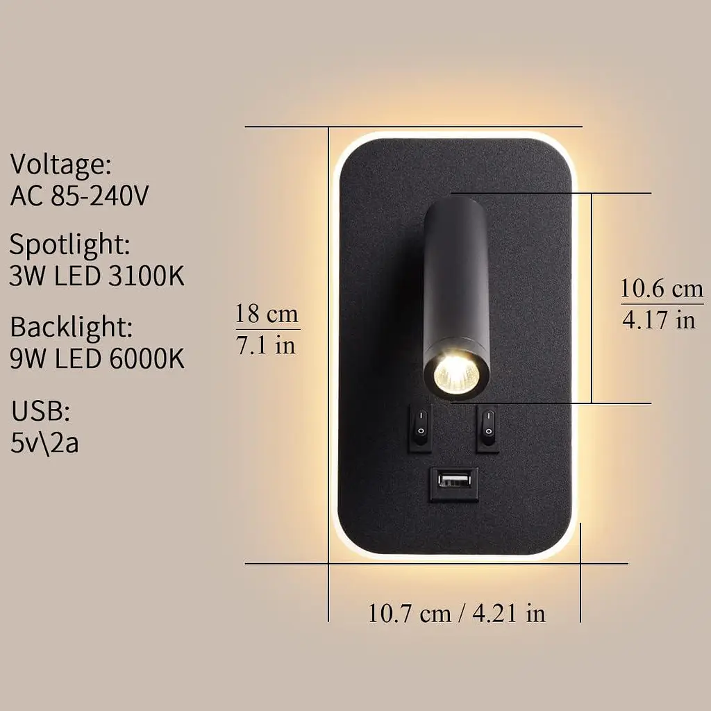 Настінний LED світильник для читання 3W+9W із USB-зарядкою, вимикачами, 3100K, чорний - фото 5