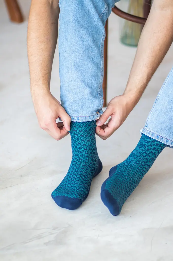 Шкарпетки з принтом клітки високі безшовні якісні ORGANIC cotton JILL ANTONY 42-43, Синій - фото 2