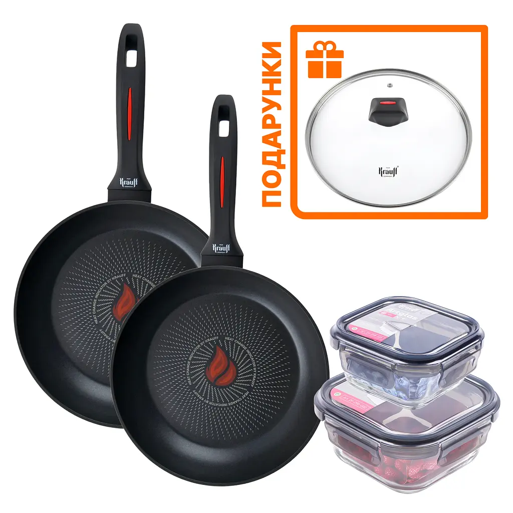 Набір сковорідок Krauff Smart Fry 24 см 26 см та скляні контейнери ArtGlass + Скляна кришка - фото 10