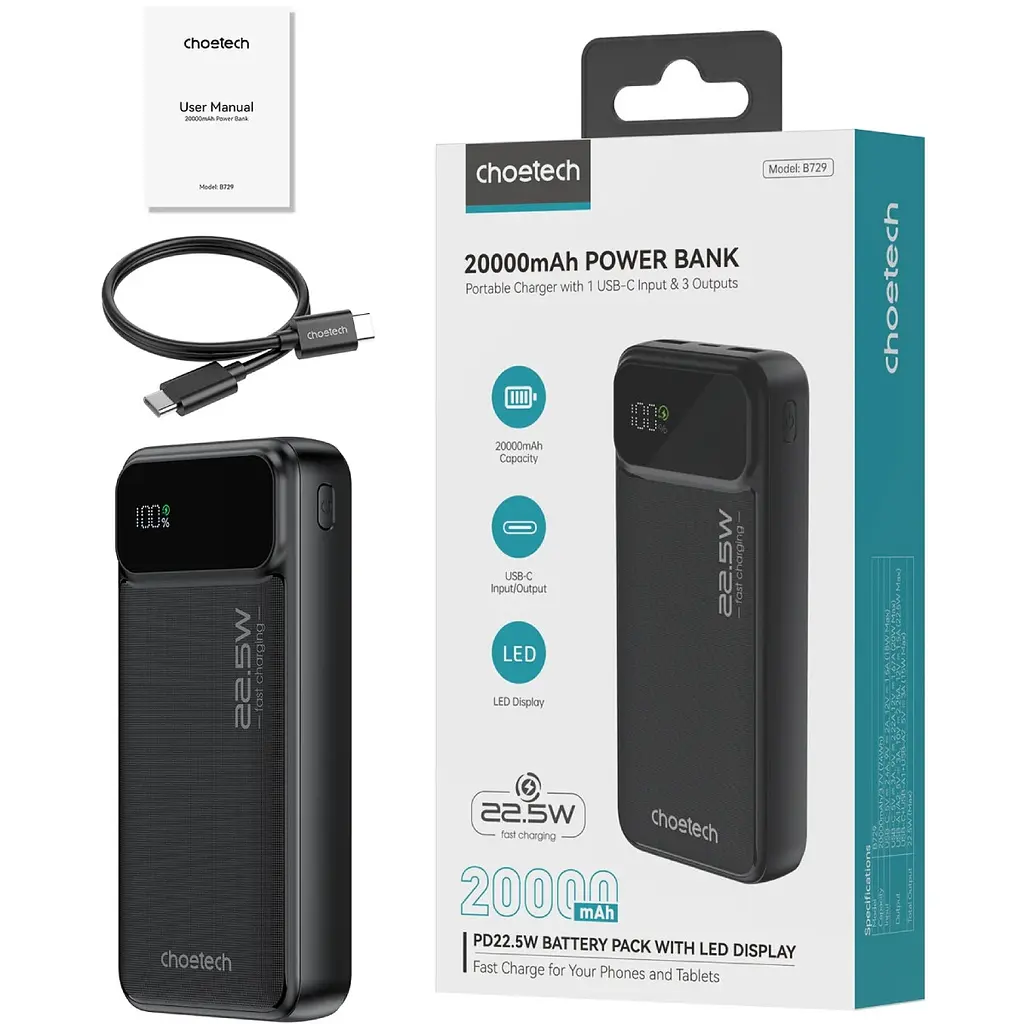 Універсальна мобільна батарея Choetech 20000mAh 22.5W PD, QC3.0 2USB-A+USB-C In/Out Чорний - фото 3