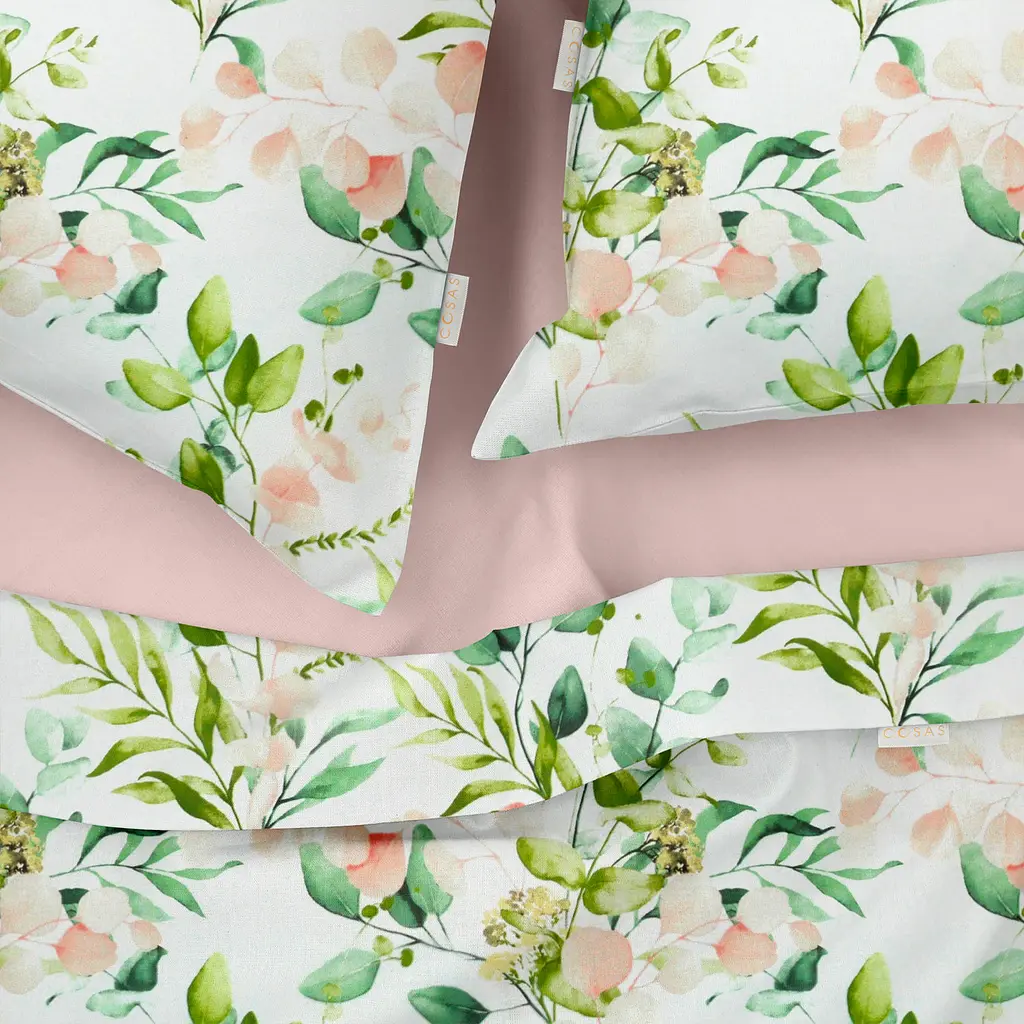 Комплект постільної білизни Cosas євро з простирадлом на резинці FLORAL LEAVES 200 x 220 см (FoliageGreenBudRose_El-40Rose_200) - фото 3