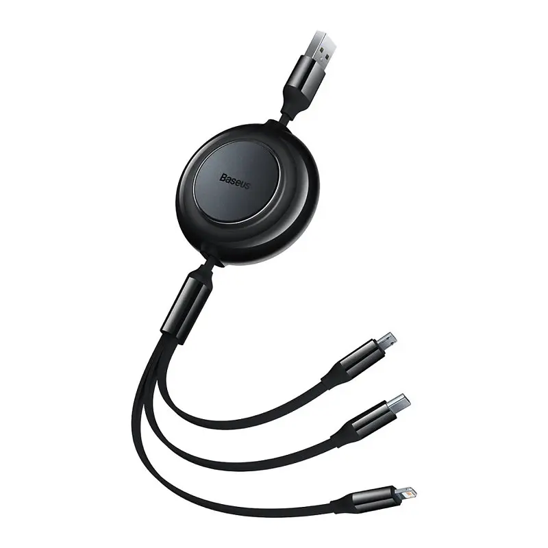 Кабель Baseus Free2Draw Retractable Crystal Fast Charging Data Cable USB to M+L+C 3.5A 1.1 м Cluster черный - фото 3