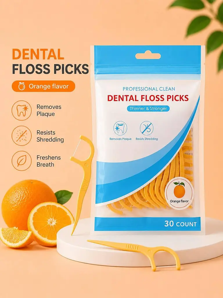 Зубна нитка на тримачі Dental Floss Picks для очищення міжзубних проміжків зі смаком апельсина, 30 шт - фото 2