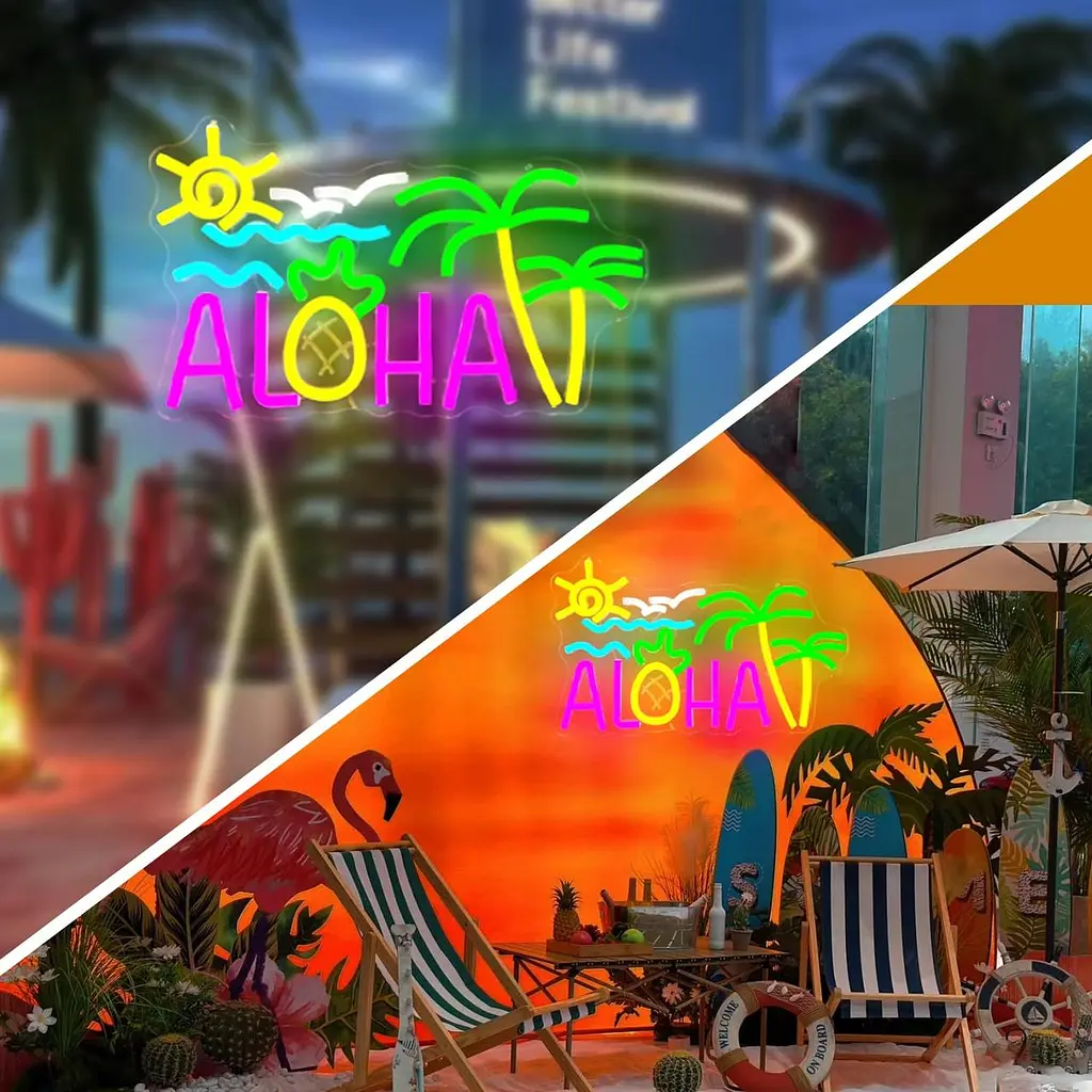 Неоновая вывеска Aloha Palm Tree Vveikea для украшения стен, Гавайский тропический дизайн, Aloha, LED, солнце, океан, волна - фото 5