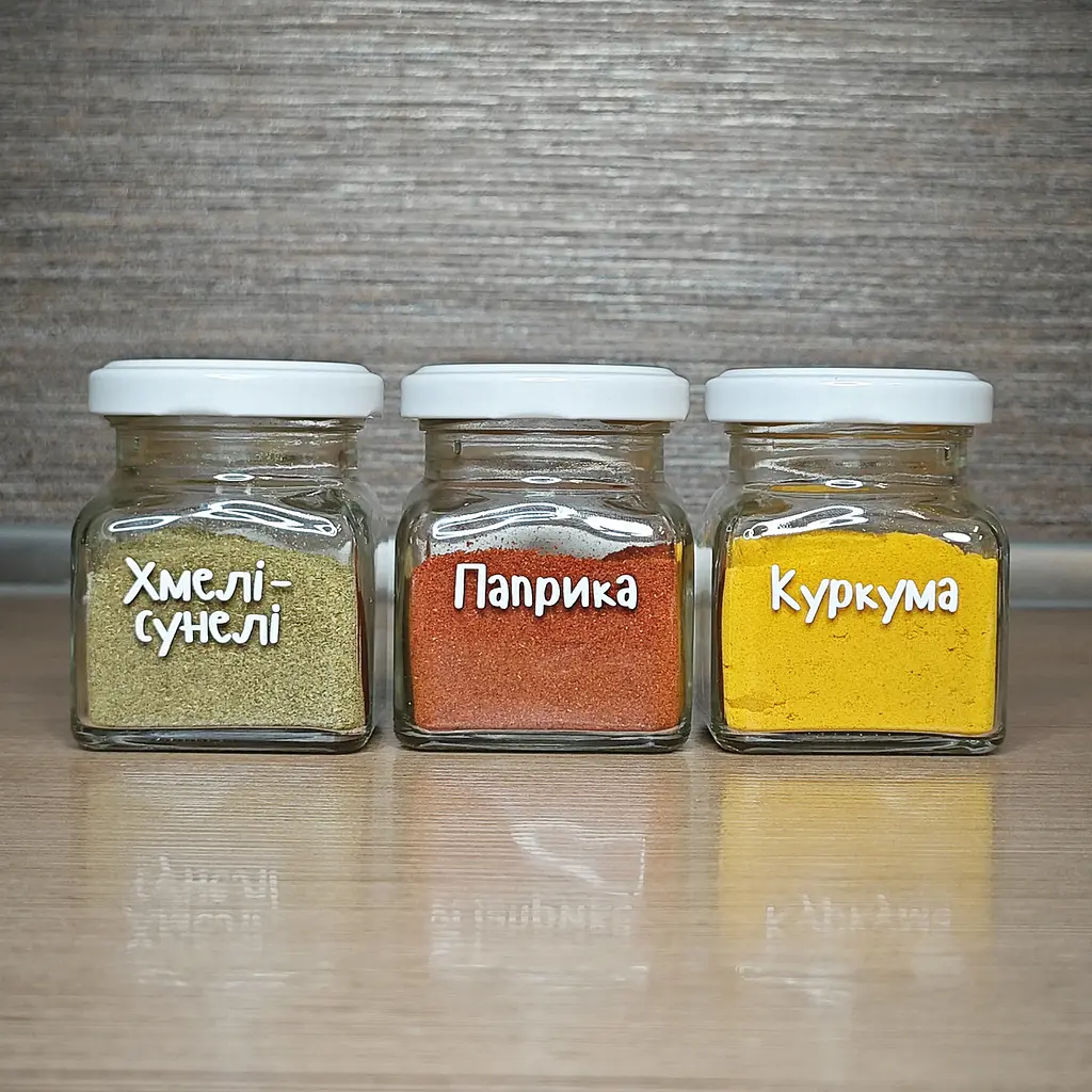 Набір для спецій 9 скляних баночок 120 мл з білими металевими кришками і підставкою - фото 6