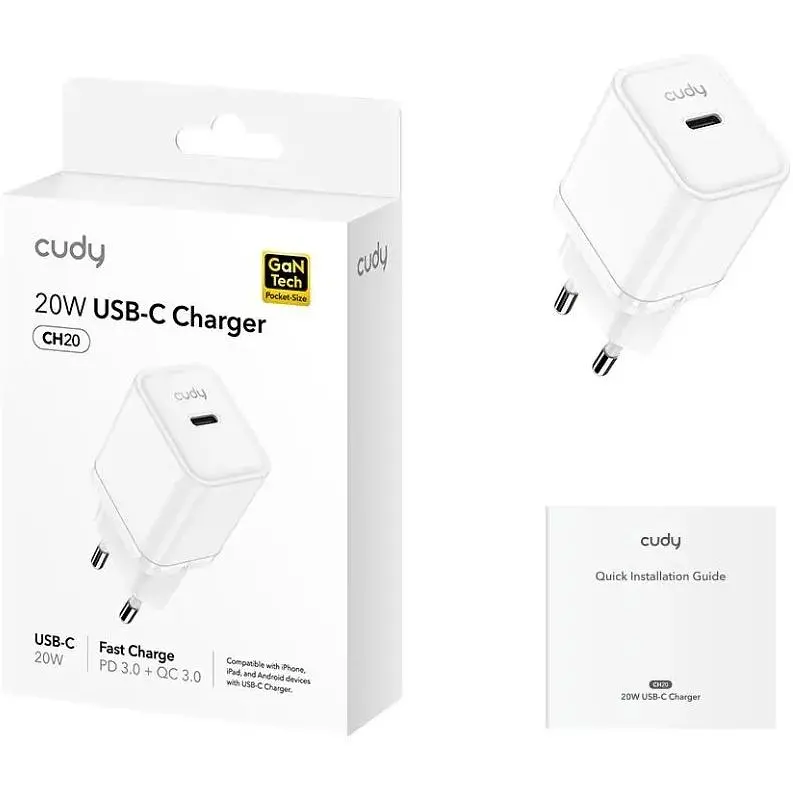 Зарядний пристрій 1xUSB 20W, (GaN, 1хUSB-C, QC+PD 3.0, вилка ЄС, для iPhone від 12 серії (CH20_EU) - фото 4