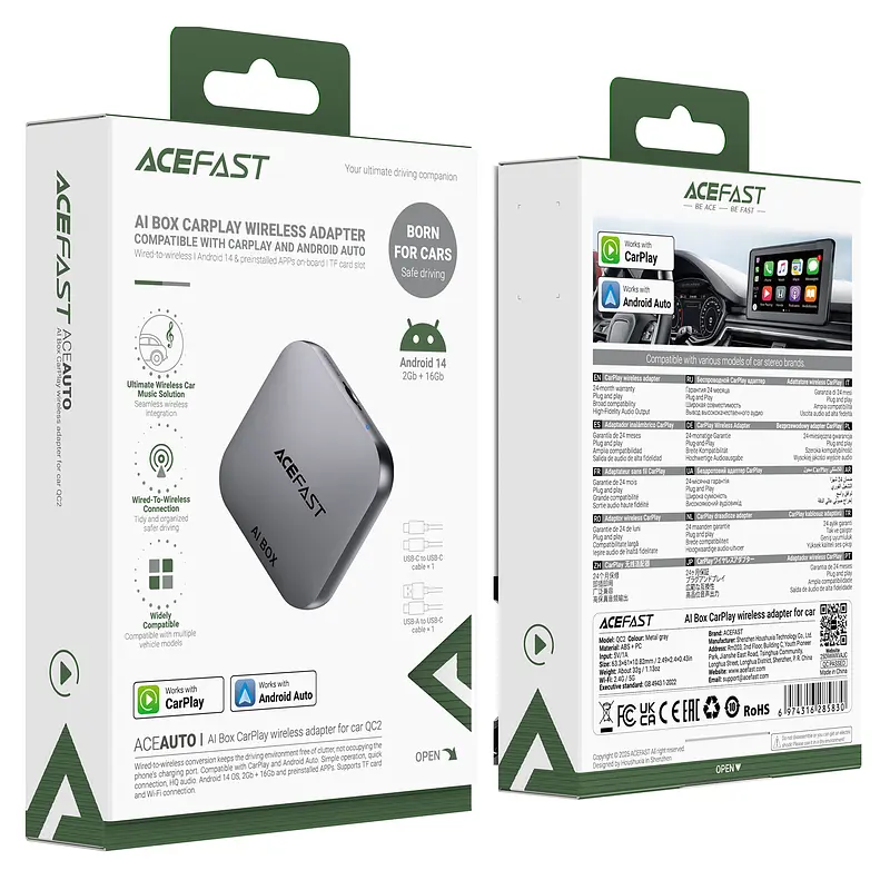 Адаптер ACEFAST QC2 AI Box CarPlay wireless adapter for car Metal Gray (6974316285830) - фото 2