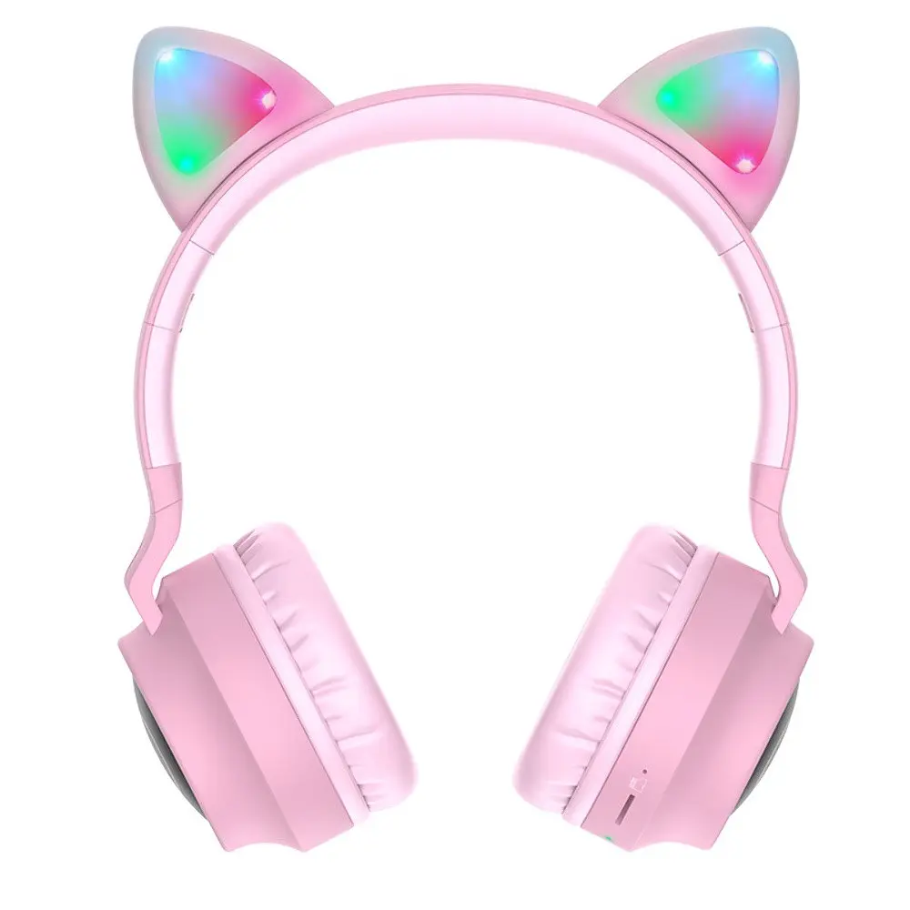 Наушники беспроводные Hoco W27 Cat Ear накладные с ушками и LED подсветкой розовый - фото 3