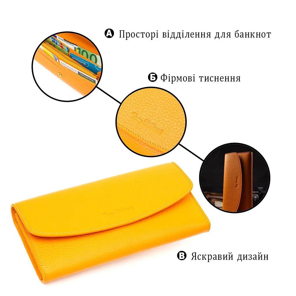 Відмінний жіночий гаманець з монетницею на блискавці з натуральної шкіри Tony Bellucci 21978 жовтий - фото 8