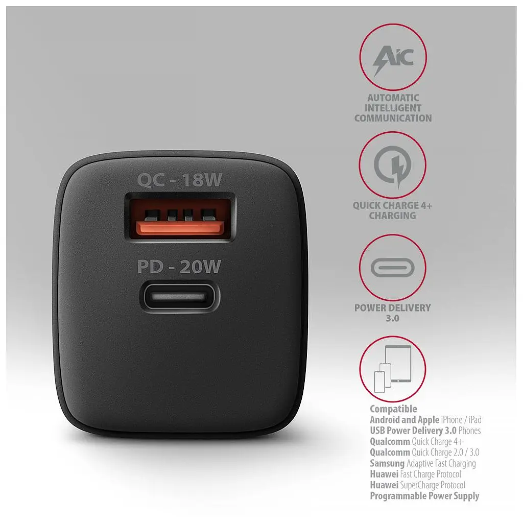 Зарядний пристрій AXAGON 1xUSB QC3.0 + 1xUSB-C PD20W black (ACU-PQ20) - фото 6