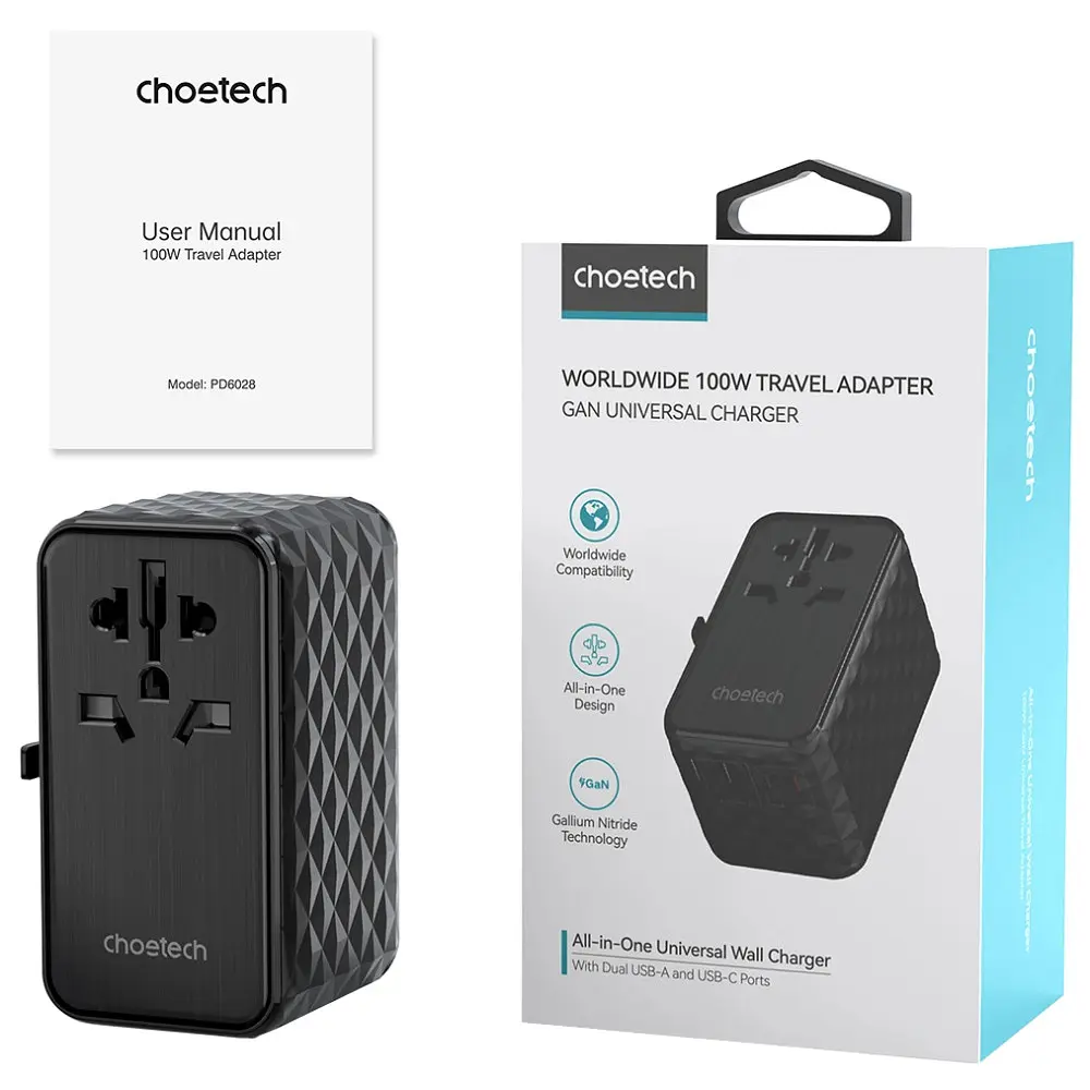 Зарядний пристрій 4xUSB 100W PD (2хUSB-C+2хUSB-A) TRAVEL Universal сharger diamond чорний Choe - фото 3