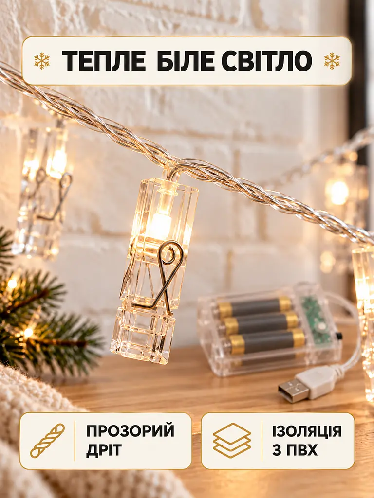 Світлодіодна гірлянда-прищіпки 3 м 20 LED від USB та батарейок для декору теплий білий (37261549) - фото 4
