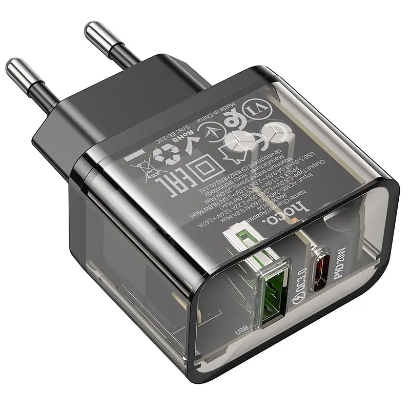 Сетевое зарядное устройство Hoco N34 Dazzling dual-port PD20W+QC3.0 charger (EU) Transparent Черный - фото 3
