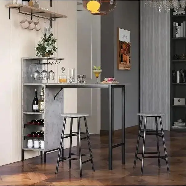 Барный стол со стульями Costway Bistro с держателем винных бокалов серый - фото 4