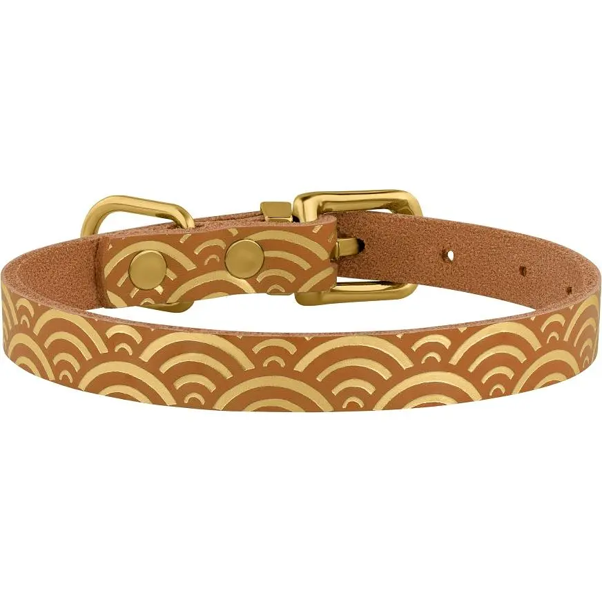 Ошейник для собак BronzeDog Barksi Classic Море кожаный одинарный с золотым тиснением S 23-30х1.2 см горчичный - фото 2