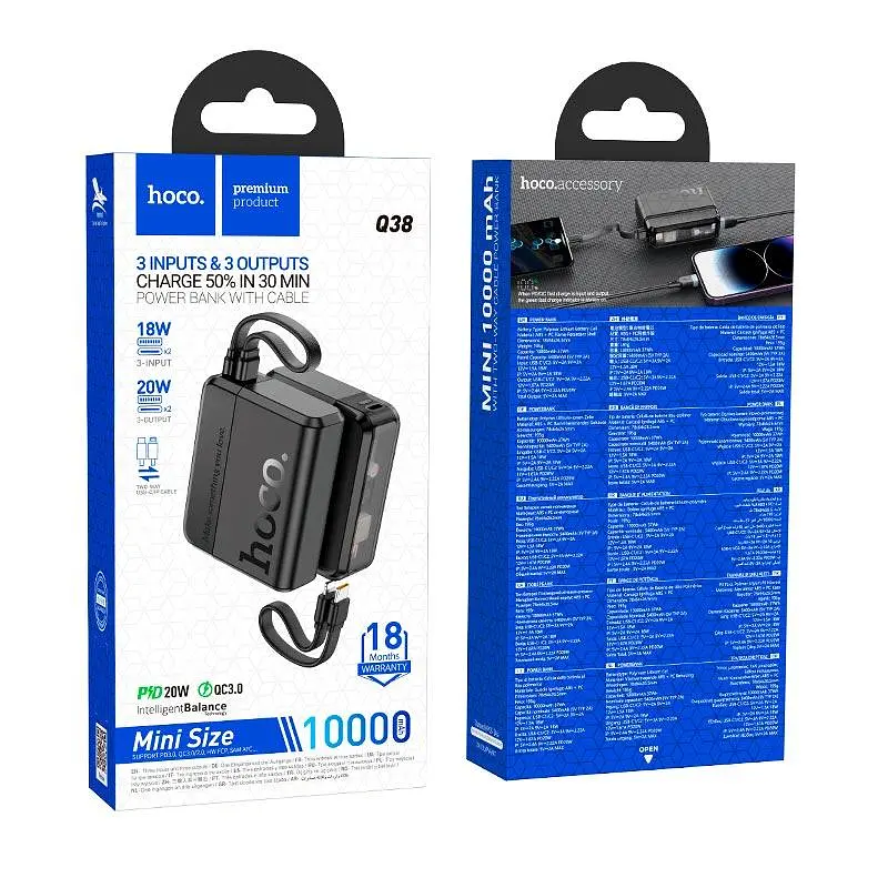 УМБ Hoco Excellent PD Power bank with 2-way cable 10000mAh Q38 | 2Type-C/1Lightning, 20W/3A, PD/QC| - фото 2
