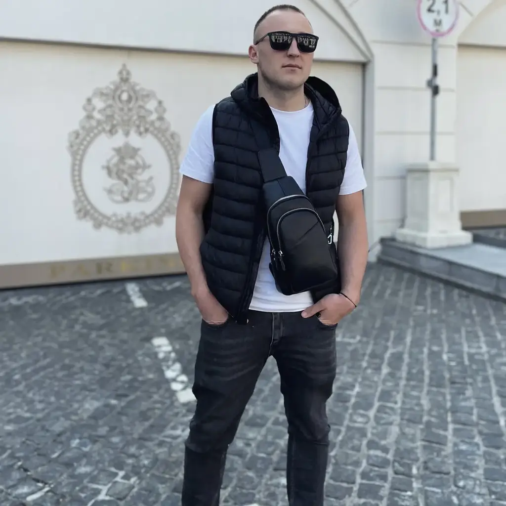 Сумка слінг чоловіча через плече 17х32х8 бананка з натуральної шкіри TIDING BAG A25F-515-1A чорна 17 см - фото 6