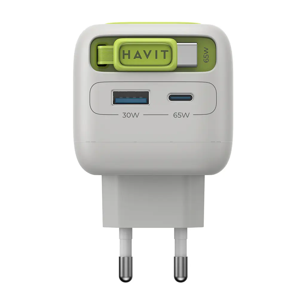 Зарядний пристрій HAVIT UC253 GaN 65W USB-A+USB-C +Кабель USB-C Gray/Green HAVIT (29277-000) - фото 6