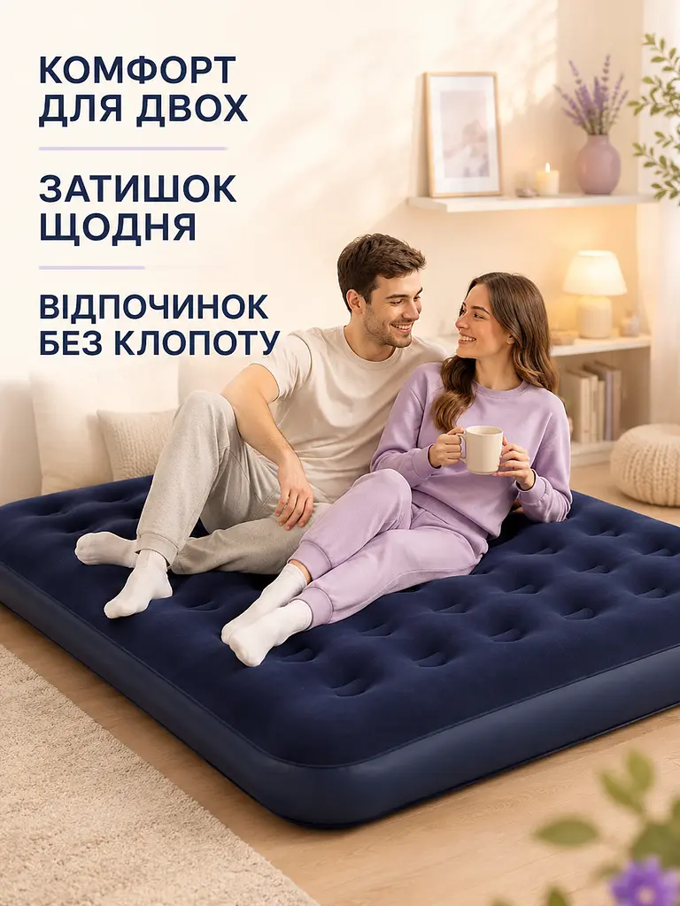 Надувний двоспальний матрац 203×152×22 см із насосом для дому дачі та відпочинку темно-синій (49676098) - фото 8