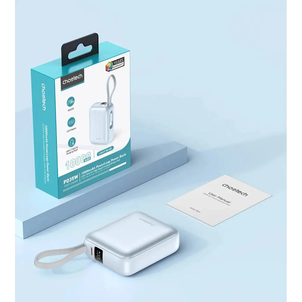 Батарея універсальна Choetech 10000mAh, 35W, PD/3.0, LED Display, buid-in type-C cabel, Blue (B832-LBE) - фото 7