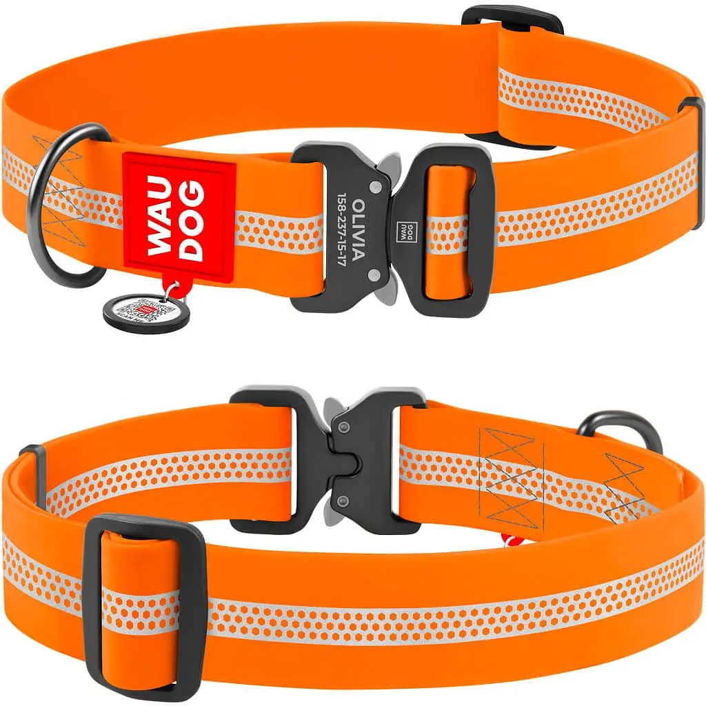 Ошейник для собак Waudog Waterproof, коллартекс, водостойкий, светоотражающий, с QR паспортом, металлическая пряжка-фастекс, XXL, 43-70х4 см, оранжевый - фото 3