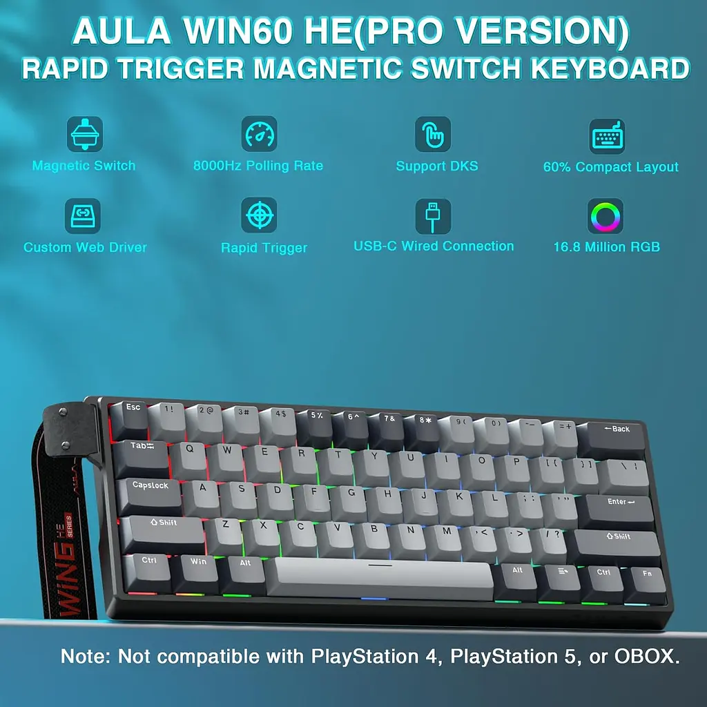 Ігрова магнітна дротова клавіатура AULA WIN60 HE PRО / 60% / Hall Effect / Rapid Trigger / Semantic Magnetic Switch / Grey - фото 2