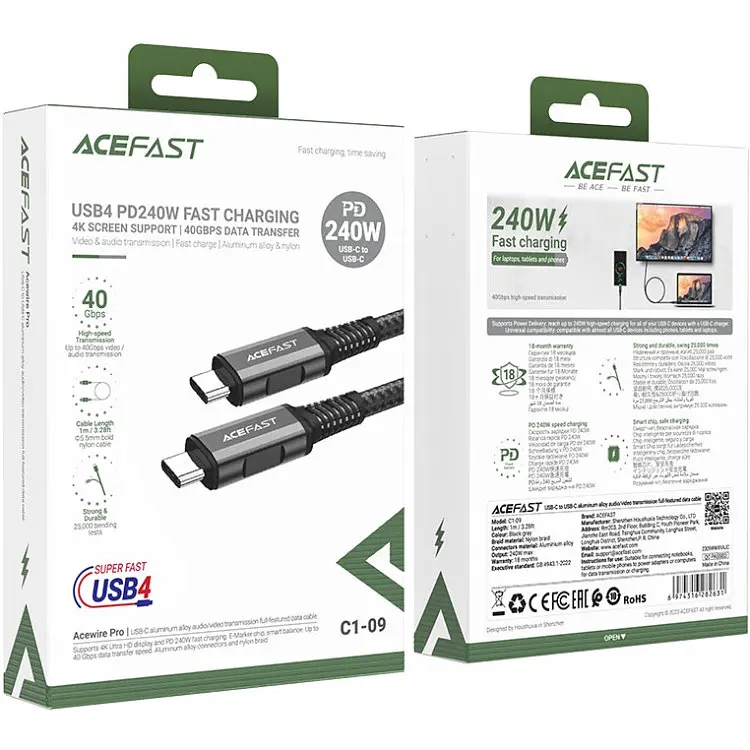 Кабель USB 4.0 Type-C M-M, 1 м 240W, Thunderbolt 3/4 compatible, C1-09 Чорний-сірий Acefast - фото 3