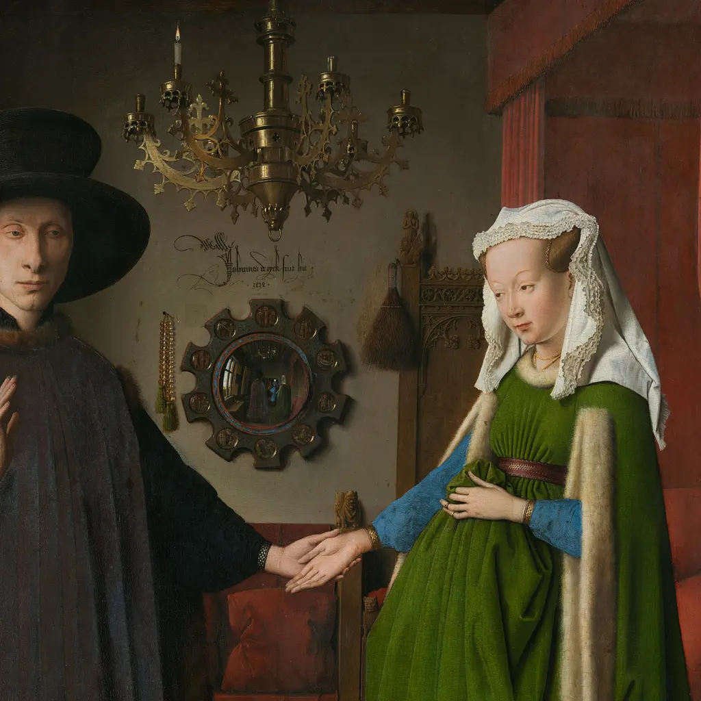 Інтер'єрна картина Портрет подружжя Арнольфіні, Ян ван Ейк, Jan van Eyck, Arnolfini Portrait, інтер'єрний декор, 82×60 см (id6982) - фото 5