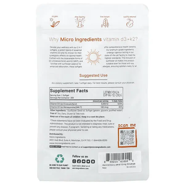 Вітамін D3 + K-2 Vitamin D3 + K2 300 Softgels Micro Ingredients vit0006371 - фото 2