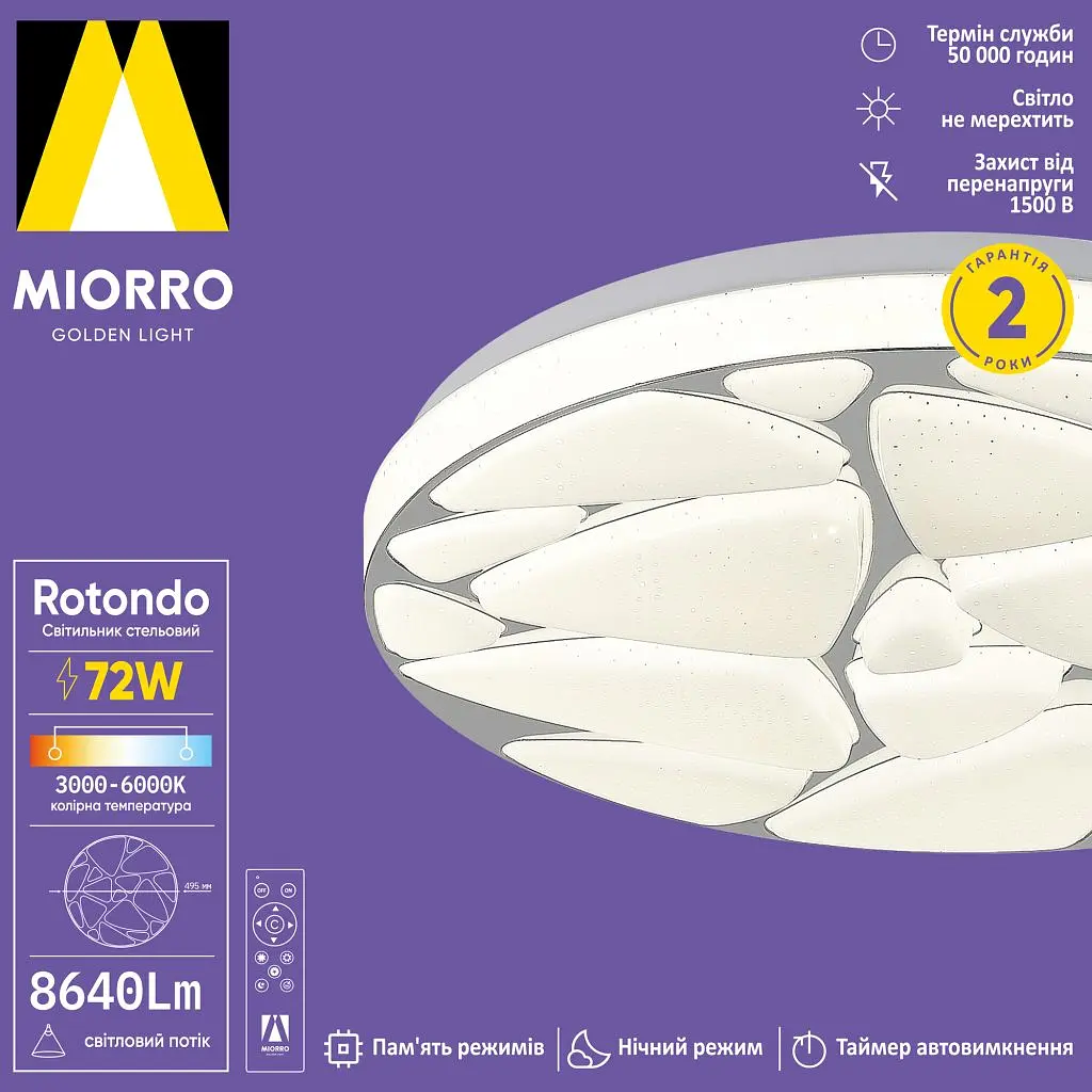 Світильник стельовий Miorro LED Rotondo з пультом ДУ 72W 8640 Лм 495 мм білий (51-313-029) - фото 2