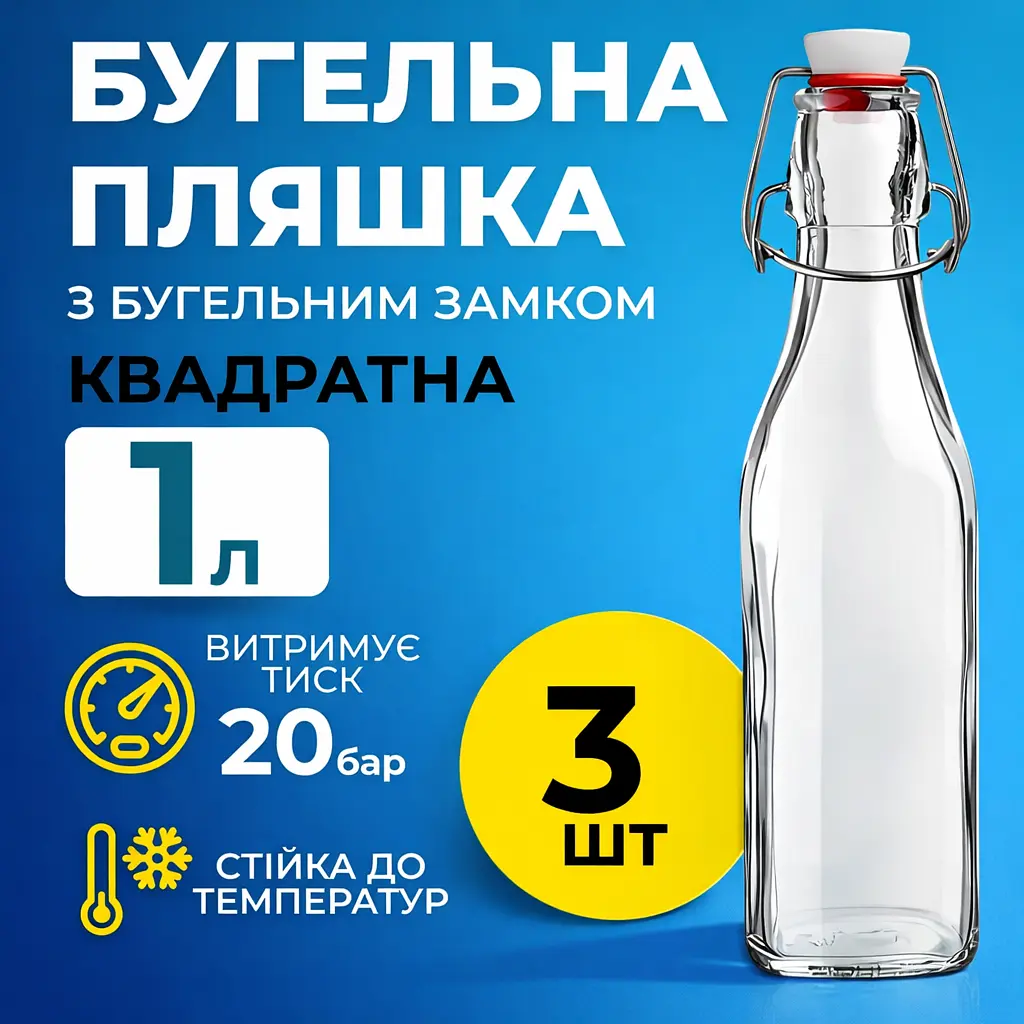 Пляшка квадратна бугельна, скляна (прозора) 1 л з бугельною пробкою, 3 шт - фото 2