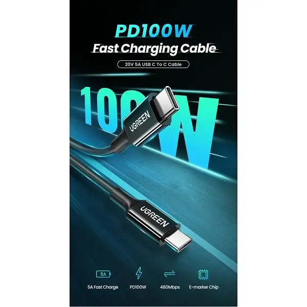 Кабель USB-C 100W UGREEN US562 Type-C to Type-C PD QC 4.0/3.0 для швидкого заряджання MacBook Pro, Samsung PVC 1м (15176) - фото 2