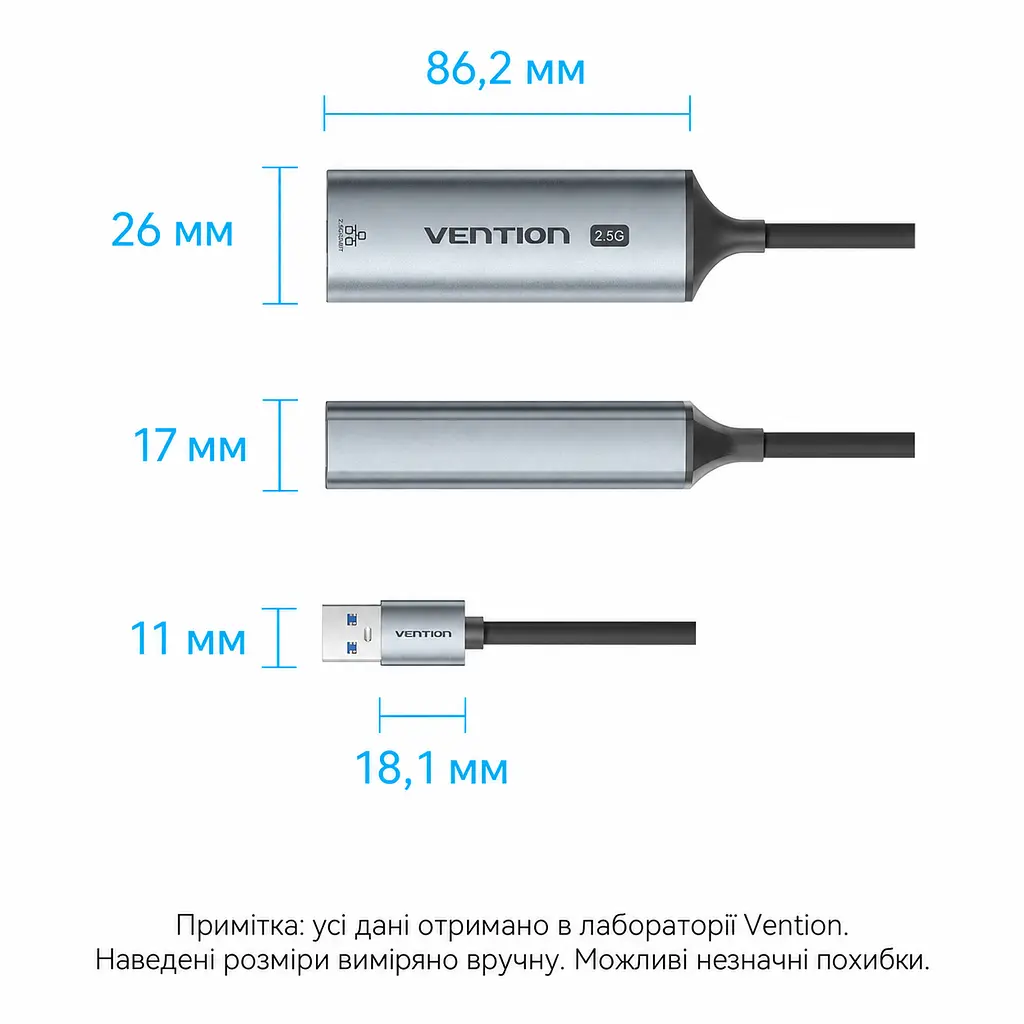 Ethernet-адаптер Vention зовнішня мережева карта USB-A на RJ45 до 2,5 Гбіт/с для швидкості понад 1 Гбіт/с потрібен кабель Cat6 або вище без налаштування у Windows 11 та macOS із захистом від короткого замикання та перенапруги алюмінієвий корпус для відведення тепла вбудований кабель 0,15 м сірий (CFSHB) - фото 5