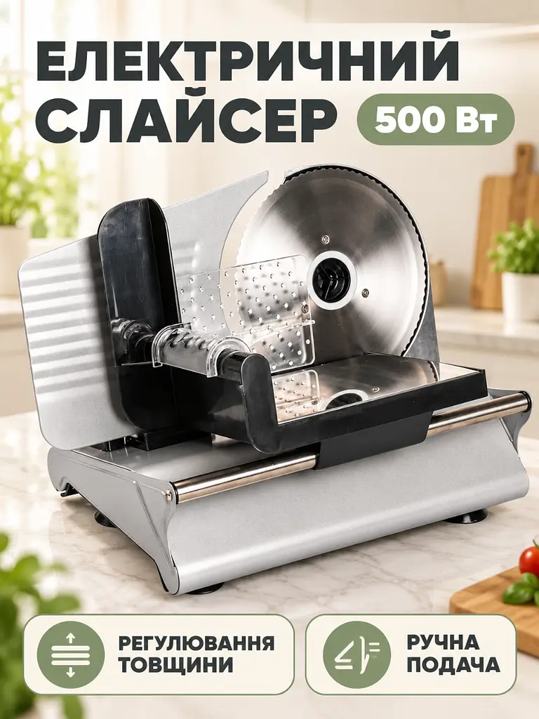 Електричний слайсер 500 Вт з товщиною нарізки до 15 мм для м'яса та сиру сріблястий (37261562) - фото 2