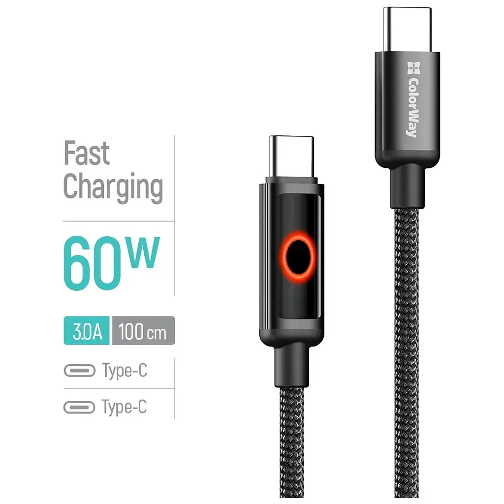 Дата кабель USB-C to USB-C 1.0m 3A PD60W black ColorWay (CW-CBPDCC103-BK) - фото 5