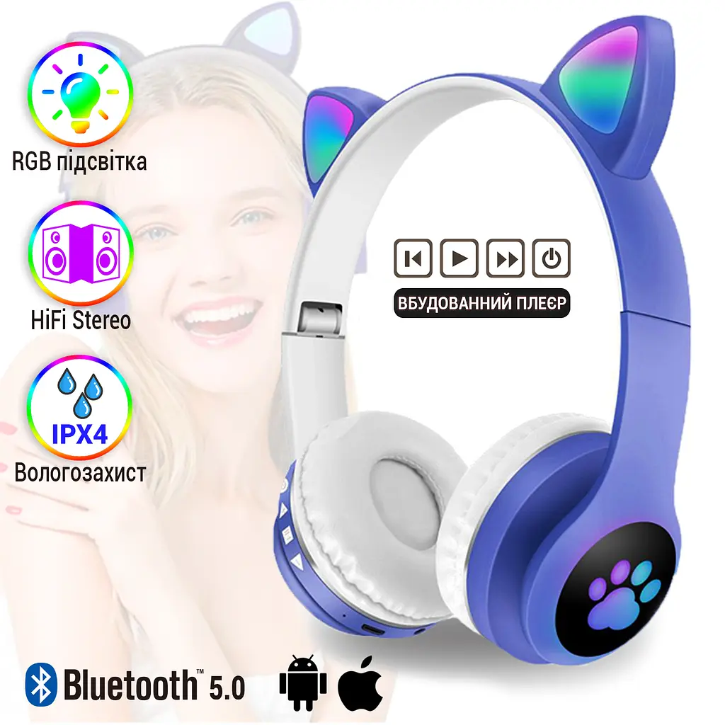Повнорозмірні навушники бездротові No Brand Cat Headset M23 Bluetooth з RGB підсвічуванням та котячими вушками Blue - фото 2