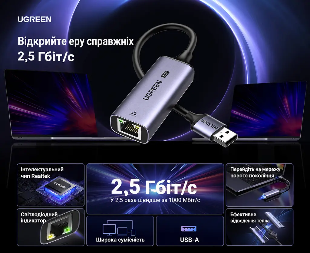 Мережевий адаптер Ethernet UGREEN CM648 зовнішня мережева карта штекер USB-A 3.0 на порт RJ45 до 2,5 Гбіт/с автоузгодження швидкості з підтримкою мереж 10/100/1000 Мбіт/с для Windows і macOS та Linux Wake-on-LAN за ввімкнення функції в BIOS LED-індикація підключення й активності живлення від USB без окремого блока живлення Auto MDI-X захист від короткого замикання та імпульсних перенапруг алюмінієвий корпус для відведення тепла контролер RTL8156BG космічний сірий (25051) - фото 3