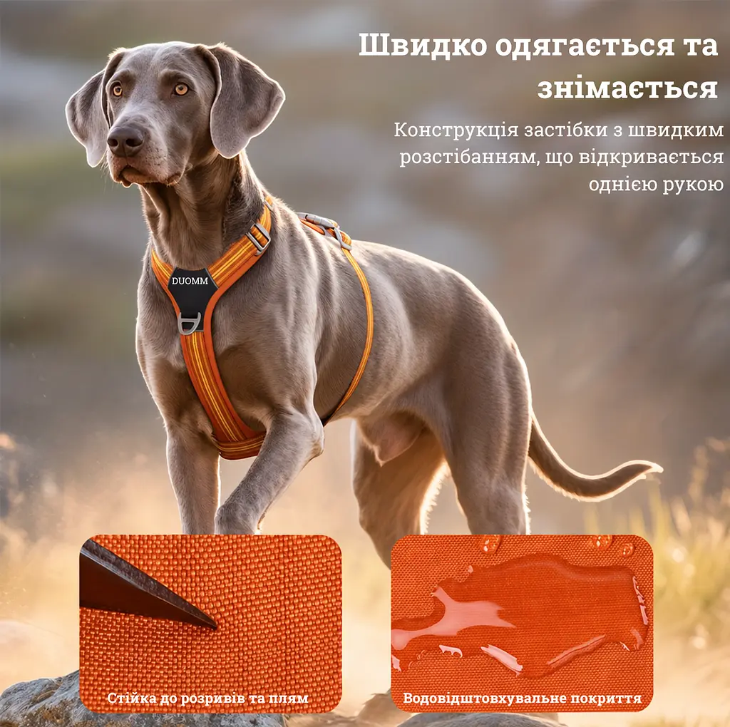 Шлея для собак Duomm No-Pull з повідцем, регульована та світловідбивна помаранчевий, S - фото 6