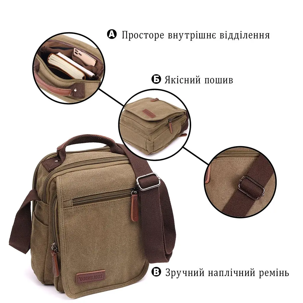 Сумка листоноша на плече із щільного текстилю Vintage 22228 оливковий - фото 8