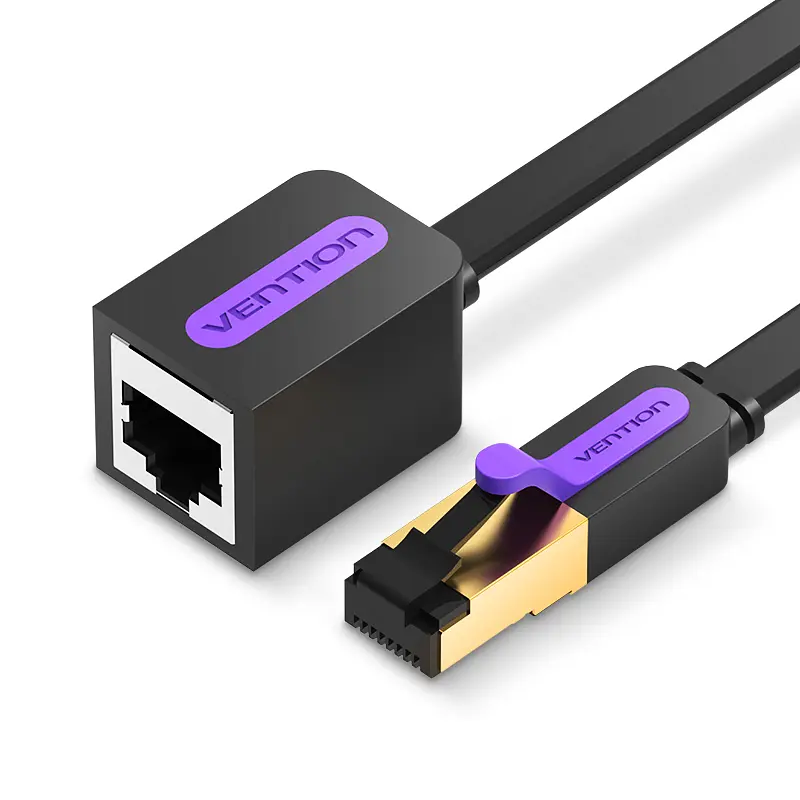 Плоский кабель-удлинитель Ethernet Vention 0,5 м сетевой патч-корд RJ45 8P8C штекер для подключения к порту и гнездо для кабеля Cat.7 10 Гбит/с для прокладки вдоль стен и в узких промежутках полоса пропускания 600 МГц чёрный (ICBBD)