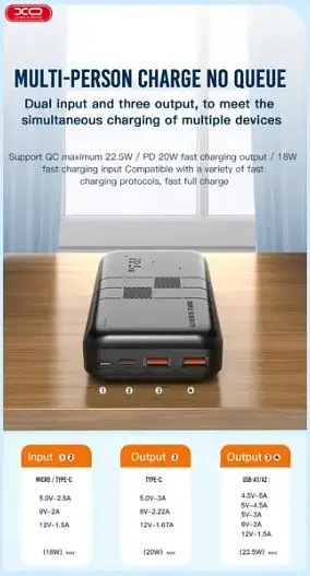 Портативный внешний аккумулятор XO PR187 10000mAh PD20W+QC22.5W (Черный) - фото 2