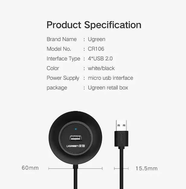 Usb-хаб (концентратор / разветвитель) Ugreen CR106 Usb 2.0 Hub 4 порта 1m черный (20277) - фото 3
