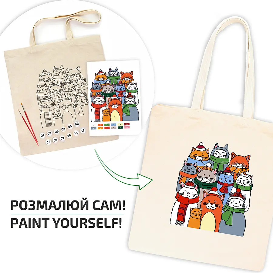 Набор экосумка-раскраска «Коты в шапках» хлопок 220 г/м2, 38х42см ROSA Talent [CD] - фото 3