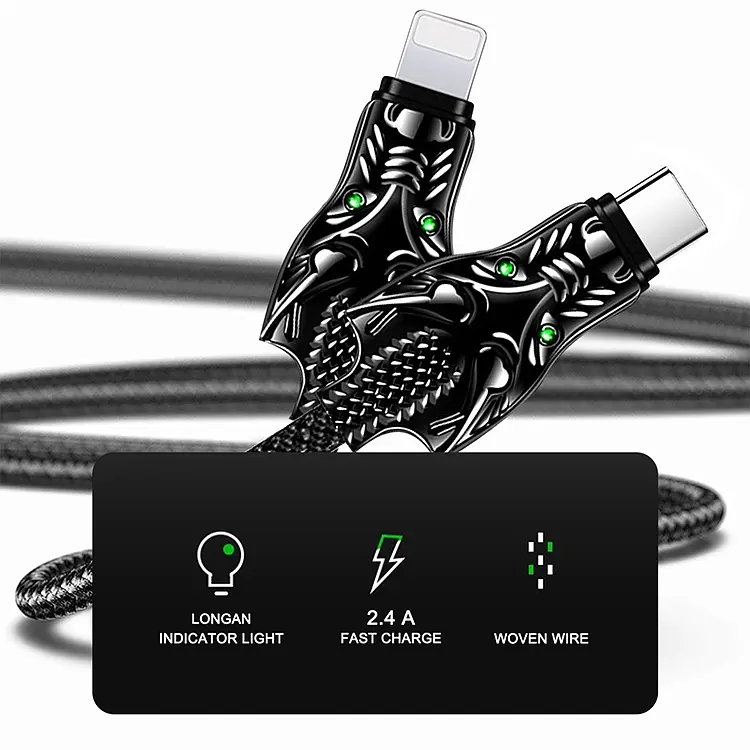 Кабель Aspor A197 Dragon Nylon LED USB – Type-C (2.4A/1м)- чорний - фото 3