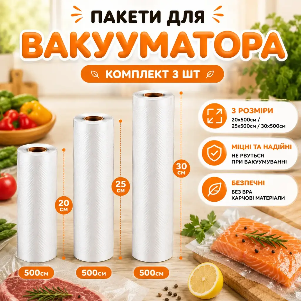 Комплект пакетів для вакууматора 3 шт 20х500 см + 25х500 см + 30х500 см Пакети для вакуумного пакувальника - фото 2