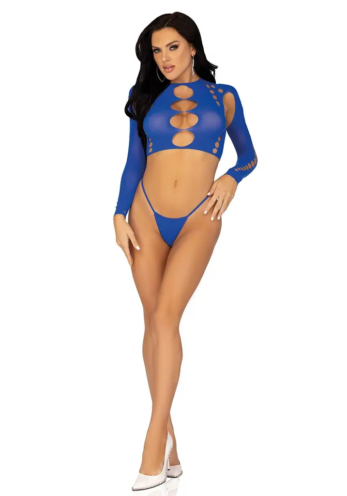 Комплект безшовної білизни Leg Avenue Long sleeve crop top & string Royal Blue One Size, топ, стрінги - фото 6