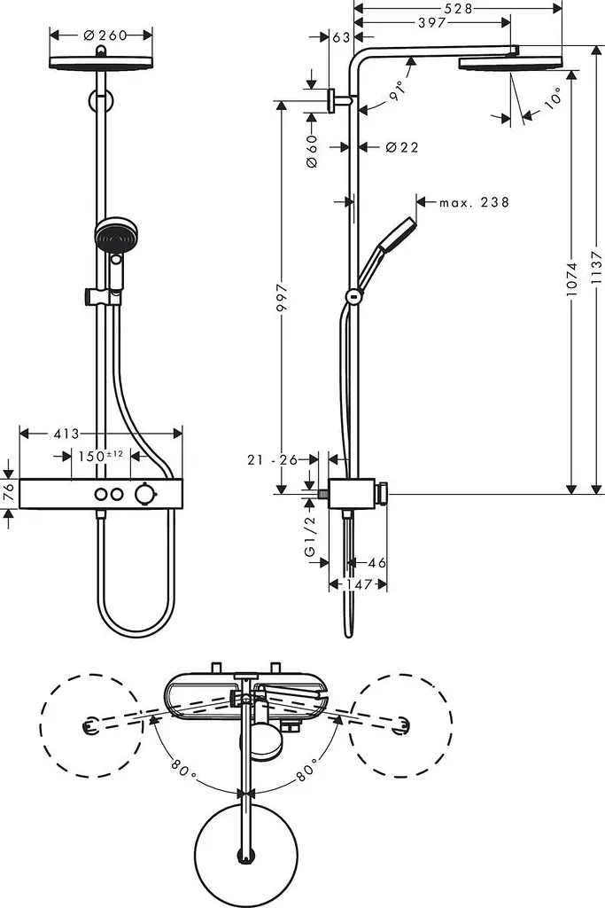 Душова система Hansgrohe Pulsify Showerpipe 260 1jet з термостатом Chrome 24220000, Хром - фото 3