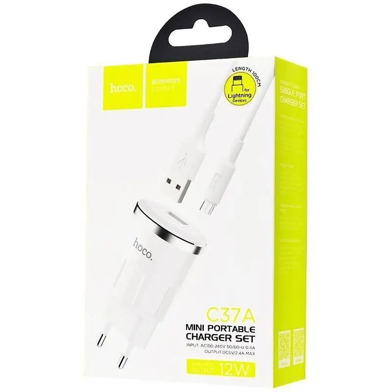Мережевий зарядний пристрій 1USB Hoco C37A 2.4A White + USB Cable XiaomicroUSB - фото 3
