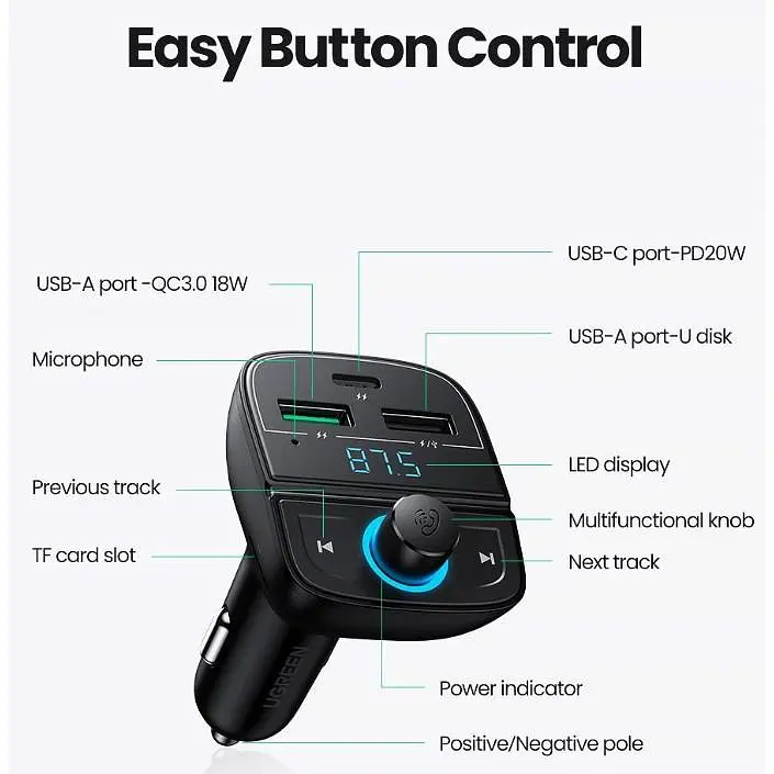 FM трансмітер модулятор Ugreen CD229 Bluetooth 5.0 чорний - фото 3